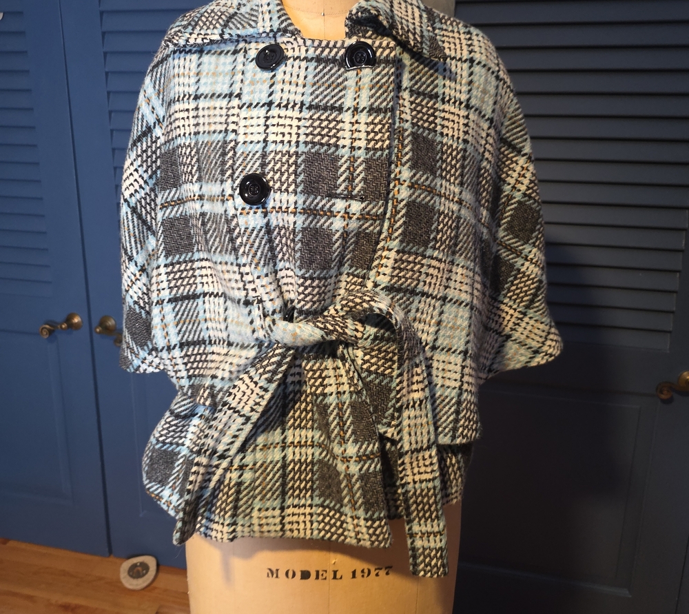 Cejon Plaid Double-Breasted Cape Jacket with Waist Tie - Blue Cream Charcoal